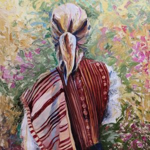 Óleo sobre lienzo que muestra a un fallero de espaldas, envuelto en un entorno colorido y simbólico. Una obra que evoca la emoción y la tradición de las Fallas.