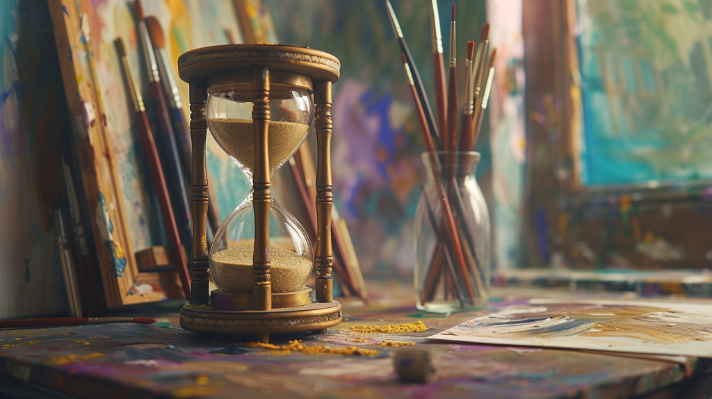 Nunca es tarde para emprender a pintar: pinceles y reloj de arena